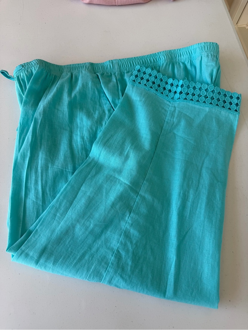 Cathy Daniels Linen Bright Turquoise Elastic Waist Ankle Pants XL